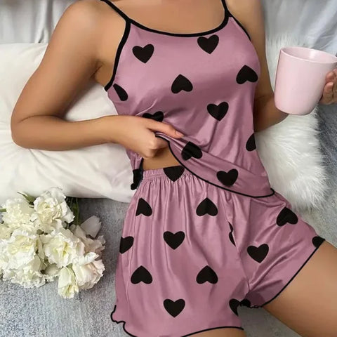 Women’s Pink Heart Pajama Set – Ice Silk Summer T-Shirt & Shorts Sleepwear