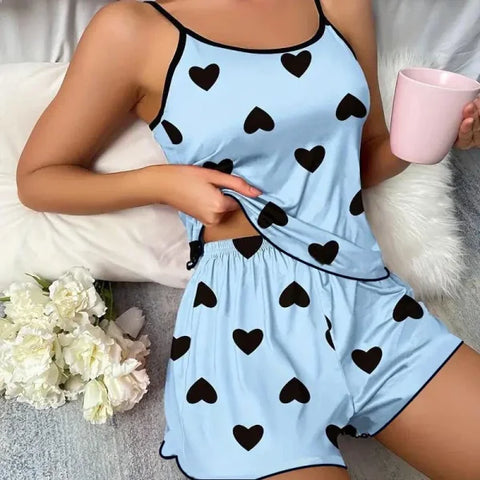 Women’s Pink Heart Pajama Set – Ice Silk Summer T-Shirt & Shorts Sleepwear - Blue / M