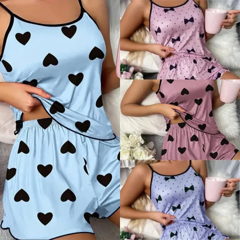 Women’s Pink Heart Pajama Set – Ice Silk Summer T-Shirt & Shorts Sleepwear