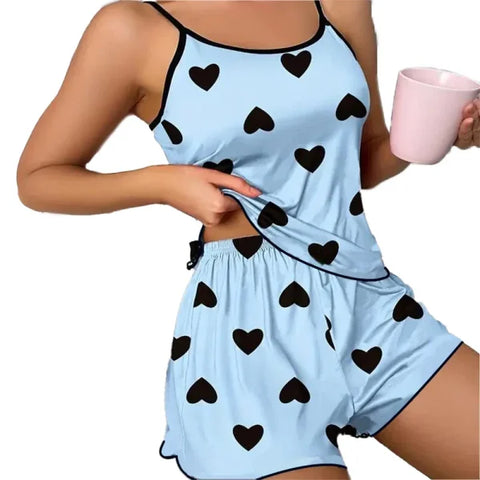 Women’s Pink Heart Pajama Set – Ice Silk Summer T-Shirt & Shorts Sleepwear