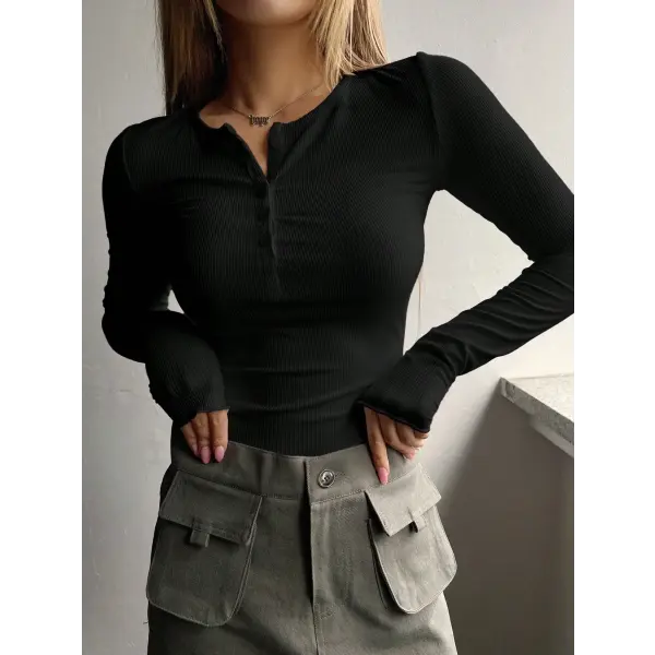 Women’s Ribbed Half-Button Front Tee - Fashionable Slim Fit Long Sleeve Round Neck T-Shirt - black / L