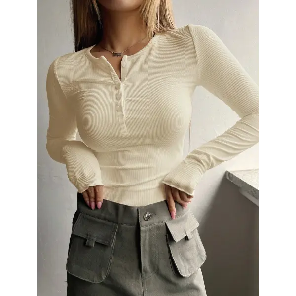 Women’s Ribbed Half-Button Front Tee - Fashionable Slim Fit Long Sleeve Round Neck T-Shirt - APRICOT / L