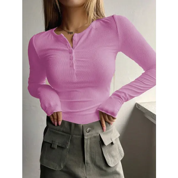 Women’s Ribbed Half-Button Front Tee - Fashionable Slim Fit Long Sleeve Round Neck T-Shirt - Rose Red / L
