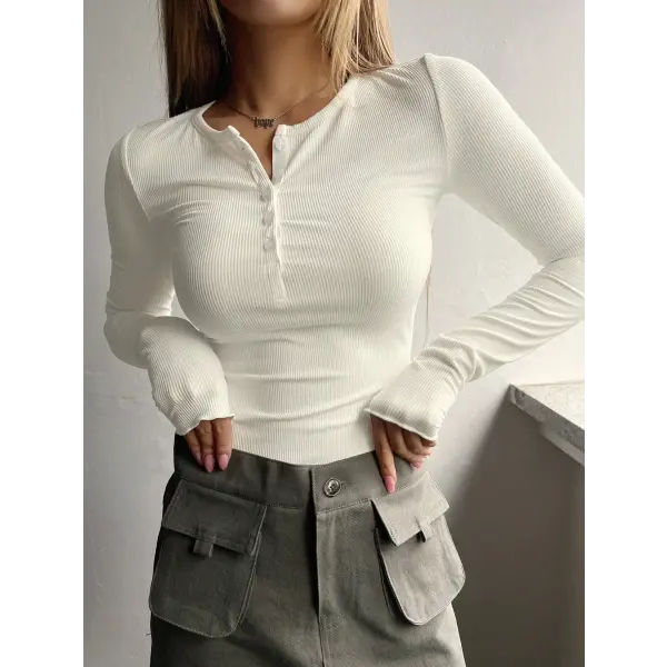 Women’s Ribbed Half-Button Front Tee - Fashionable Slim Fit Long Sleeve Round Neck T-Shirt