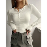 Women’s Ribbed Half-Button Front Tee - Fashionable Slim Fit Long Sleeve Round Neck T-Shirt