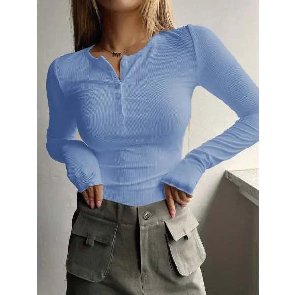 Women’s Ribbed Half-Button Front Tee - Fashionable Slim Fit Long Sleeve Round Neck T-Shirt - Blue / L