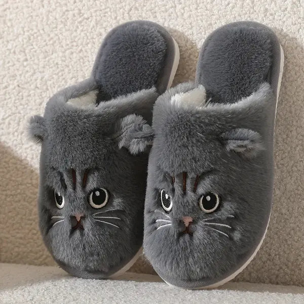 Womens Plush Cat Slippers Winter Warm Cozy Indoor House Shoes Soft EVA Sole Non-Slip Design - GRAY / 44-45