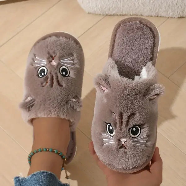 Womens Plush Cat Slippers Winter Warm Cozy Indoor House Shoes Soft EVA Sole Non-Slip Design - BROWN / 40-41
