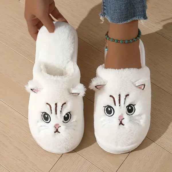 Womens Plush Cat Slippers Winter Warm Cozy Indoor House Shoes Soft EVA Sole Non-Slip Design - WHITE / 38-39
