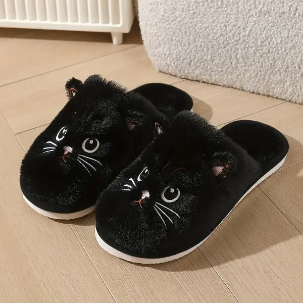 Womens Plush Cat Slippers Winter Warm Cozy Indoor House Shoes Soft EVA Sole Non-Slip Design - black / 44-45