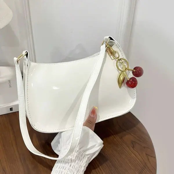 Women’s PU Leather Handbag Versatile Fashion Solid Color Cherry Pendant Shoulder Bag Casual Commuting Bag Girl Underarm