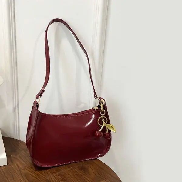 Women’s PU Leather Handbag Versatile Fashion Solid Color Cherry Pendant Shoulder Bag Casual Commuting Bag Girl Underarm