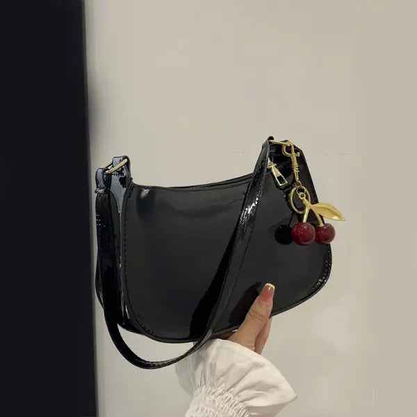 Women’s PU Leather Handbag Versatile Fashion Solid Color Cherry Pendant Shoulder Bag Casual Commuting Bag Girl Underarm