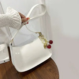 Women’s PU Leather Handbag Versatile Fashion Solid Color Cherry Pendant Shoulder Bag Casual Commuting Bag Girl Underarm