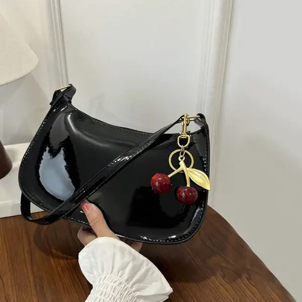 Women’s PU Leather Handbag Versatile Fashion Solid Color Cherry Pendant Shoulder Bag Casual Commuting Bag Girl Underarm