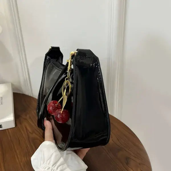 Women’s PU Leather Handbag Versatile Fashion Solid Color Cherry Pendant Shoulder Bag Casual Commuting Bag Girl Underarm