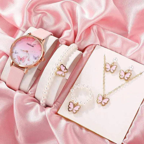 Women’s Quartz Watch with Pink Butterfly Dial - 6PCS Fashion Set