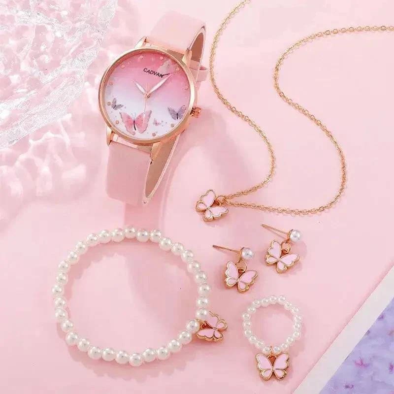 Women’s Quartz Watch with Pink Butterfly Dial - 6PCS Fashion Set