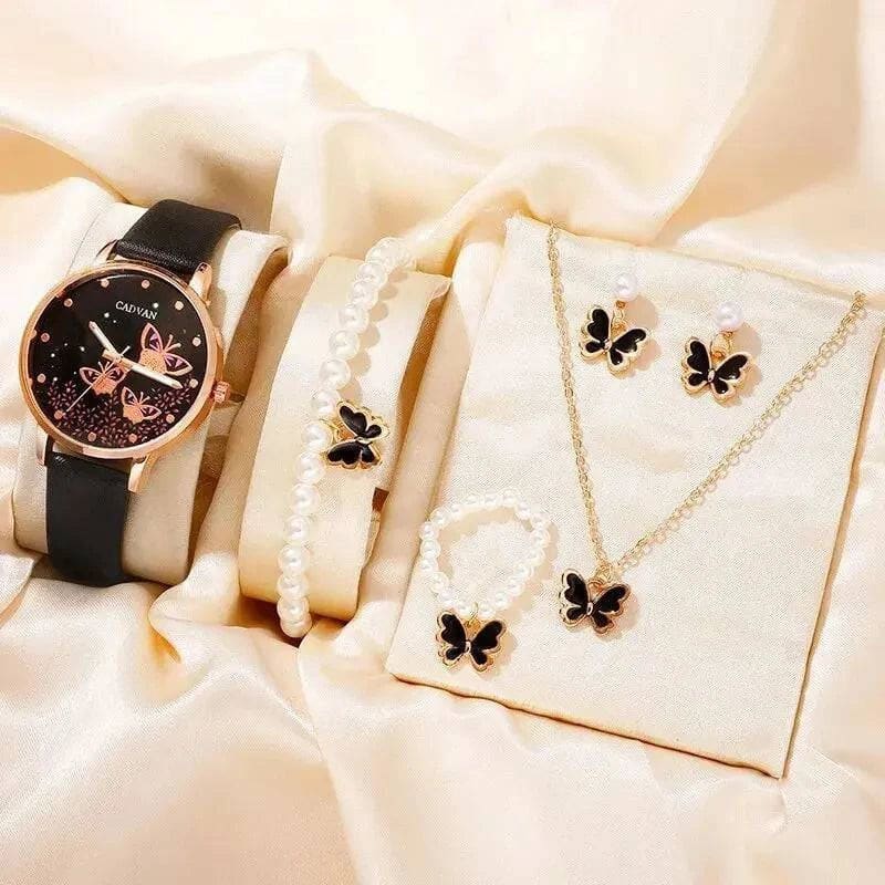 Women’s Quartz Watch with Pink Butterfly Dial - 6PCS Fashion Set