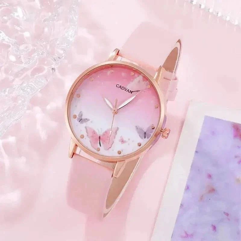 Women’s Quartz Watch with Pink Butterfly Dial - 6PCS Fashion Set