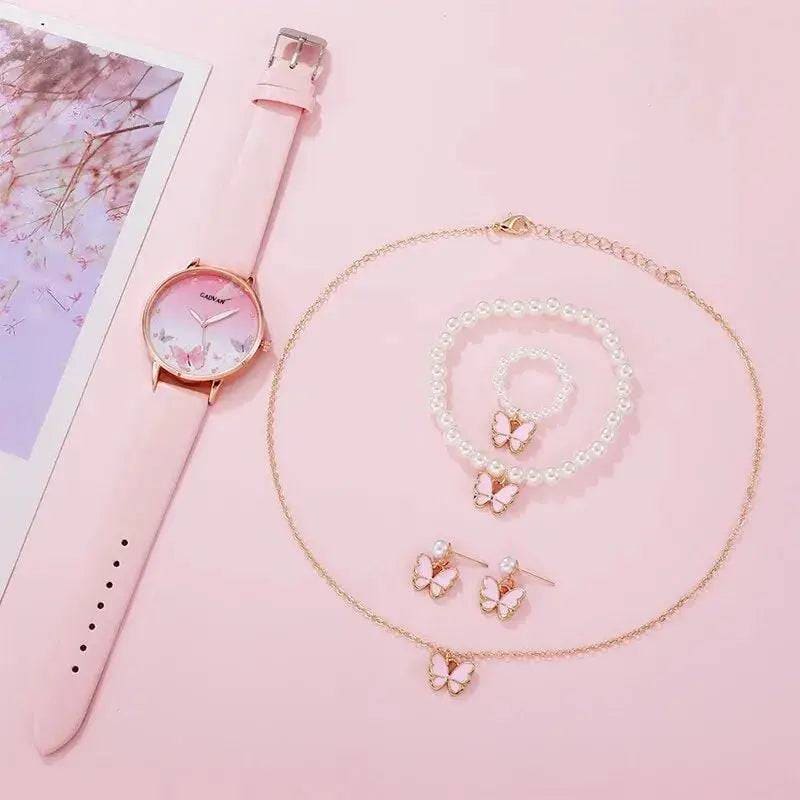 Women’s Quartz Watch with Pink Butterfly Dial - 6PCS Fashion Set