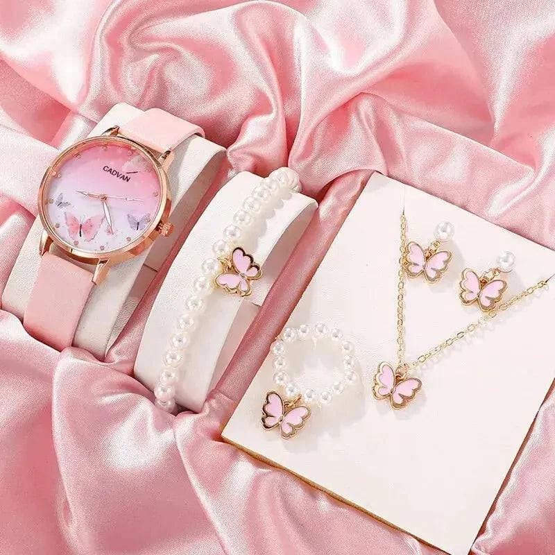 Women’s Quartz Watch with Pink Butterfly Dial - 6PCS Fashion Set - Pink