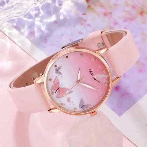 Women’s Quartz Watch with Pink Butterfly Dial - 6PCS Fashion Set