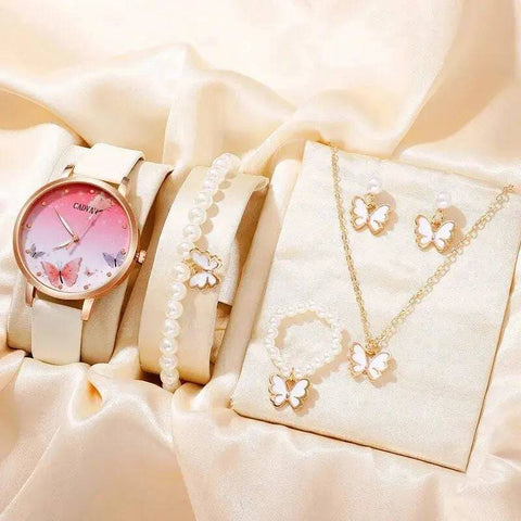 Women’s Quartz Watch with Pink Butterfly Dial - 6PCS Fashion Set - White