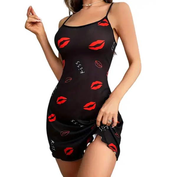 Women’s Red Lip Letter Print Sexy Frill Trim Sleepwear Dress Round Neck Backless Slip Dress Comfortable Nightgown