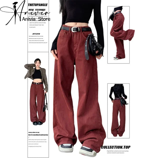 Women’s Red Y2K Jeans - Harajuku Baggy Vintage Denim Pants - Red / M