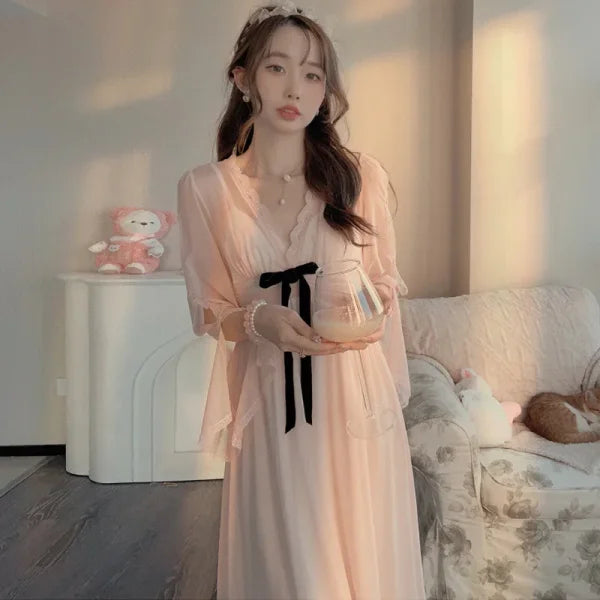 Women's Retro Palace Long Nightgown – Mesh Spring Summer Sleepwear - Himpall
