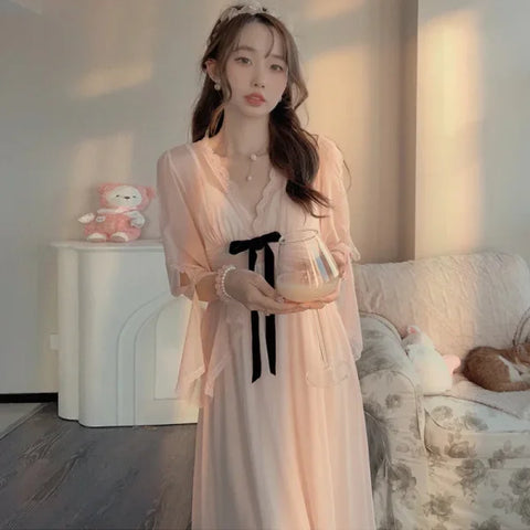 Women's Retro Palace Long Nightgown – Mesh Spring Summer Sleepwear - Himpall