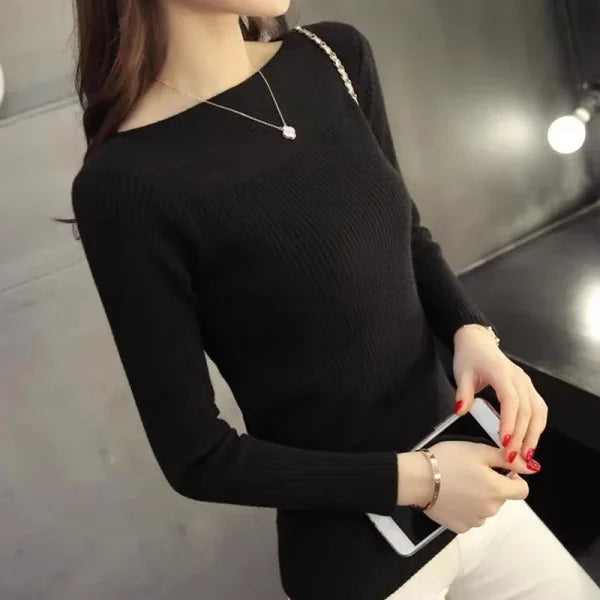Women’s Ribbed Slash Neck Sweater – Slim Fit Long Sleeve Pullover for Autumn