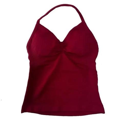 Women’s Seamless Longline Strappy Yoga Top – Backless Sleeveless Workout Shirt with Built-In Bra & Logo - Red / M