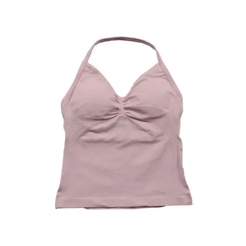 Women’s Seamless Longline Strappy Yoga Top – Backless Sleeveless Workout Shirt with Built-In Bra & Logo - Light Rose