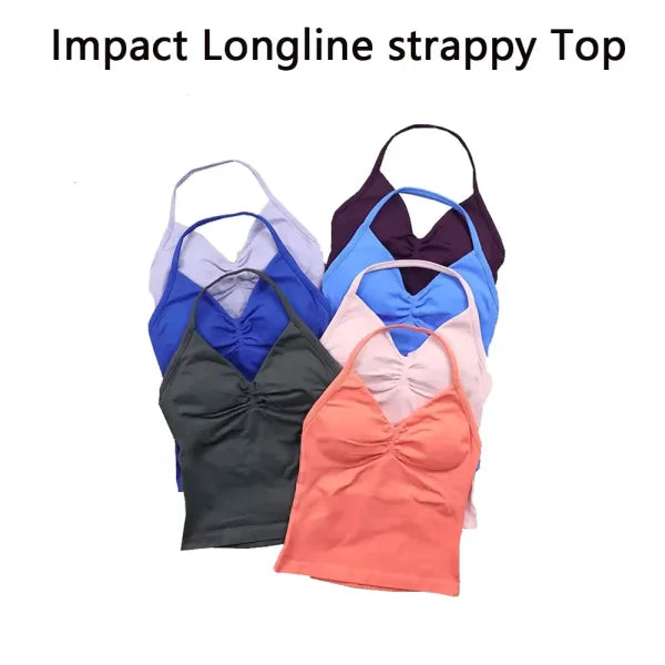 Women’s Seamless Longline Strappy Yoga Top – Backless Sleeveless Workout Shirt with Built-In Bra & Logo