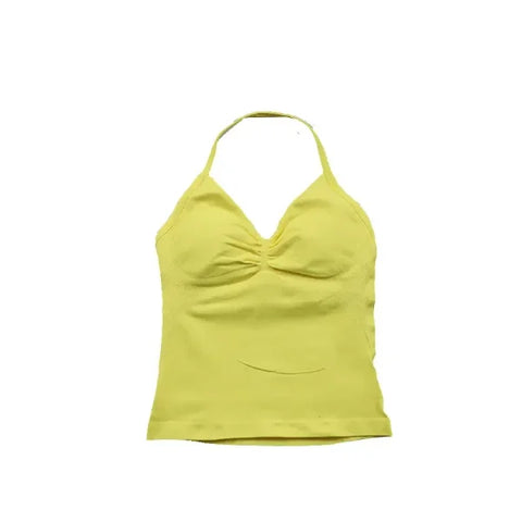 Women’s Seamless Longline Strappy Yoga Top – Backless Sleeveless Workout Shirt with Built-In Bra & Logo - Goose Yellow