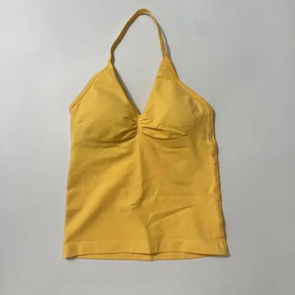 Women’s Seamless Longline Strappy Yoga Top – Backless Sleeveless Workout Shirt with Built-In Bra & Logo - Yellow / M
