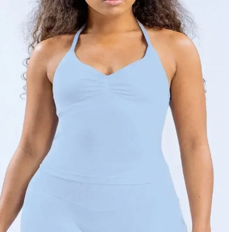 Women’s Seamless Longline Strappy Yoga Top – Backless Sleeveless Workout Shirt with Built-In Bra & Logo - Light blue / M