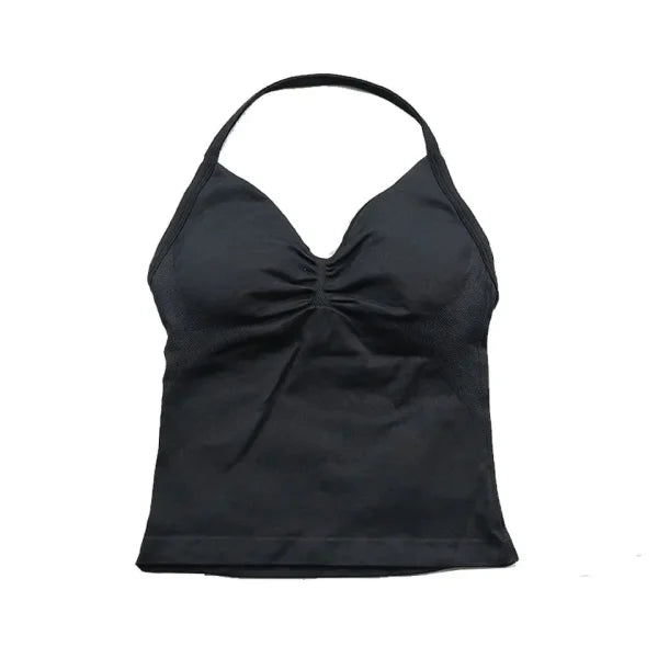 Women’s Seamless Longline Strappy Yoga Top – Backless Sleeveless Workout Shirt with Built-In Bra & Logo - Black / M