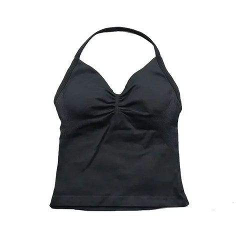 Women’s Seamless Longline Strappy Yoga Top – Backless Sleeveless Workout Shirt with Built-In Bra & Logo - Black / M