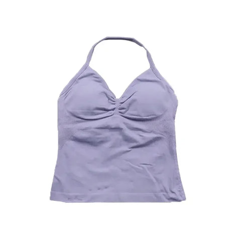 Women’s Seamless Longline Strappy Yoga Top – Backless Sleeveless Workout Shirt with Built-In Bra & Logo - Violet / M