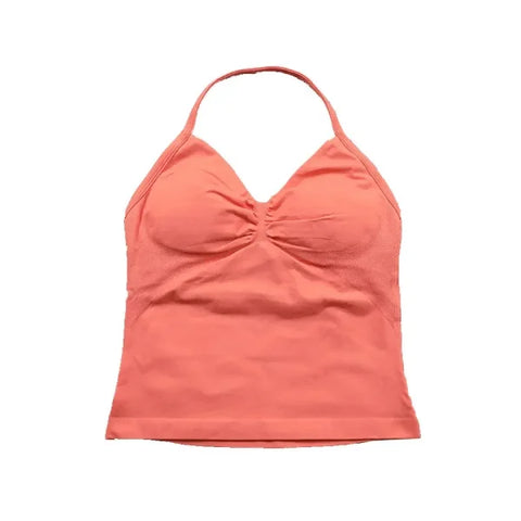 Women’s Seamless Longline Strappy Yoga Top – Backless Sleeveless Workout Shirt with Built-In Bra & Logo - Coral / M