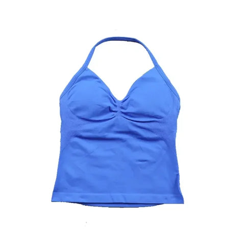 Women’s Seamless Longline Strappy Yoga Top – Backless Sleeveless Workout Shirt with Built-In Bra & Logo - Electric Blue