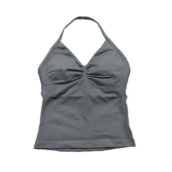 Women’s Seamless Longline Strappy Yoga Top – Backless Sleeveless Workout Shirt with Built-In Bra & Logo - Shark Grey / M