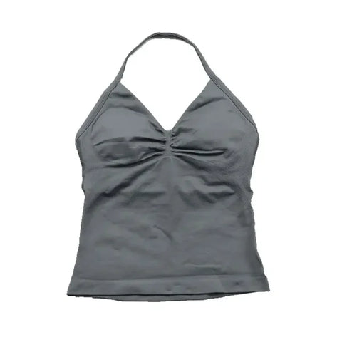 Women’s Seamless Longline Strappy Yoga Top – Backless Sleeveless Workout Shirt with Built-In Bra & Logo - Shark Grey / M