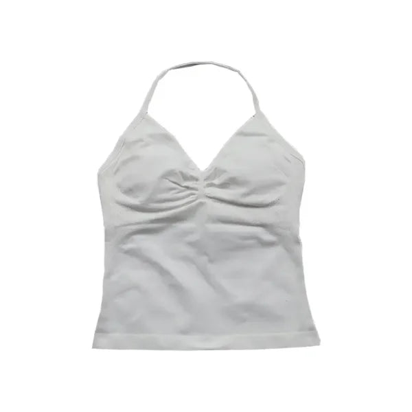 Women’s Seamless Longline Strappy Yoga Top – Backless Sleeveless Workout Shirt with Built-In Bra & Logo - White / M