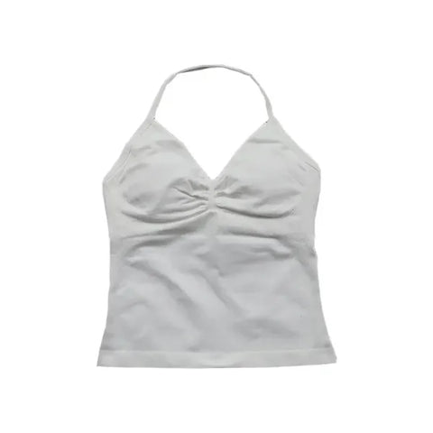 Women’s Seamless Longline Strappy Yoga Top – Backless Sleeveless Workout Shirt with Built-In Bra & Logo - White / M
