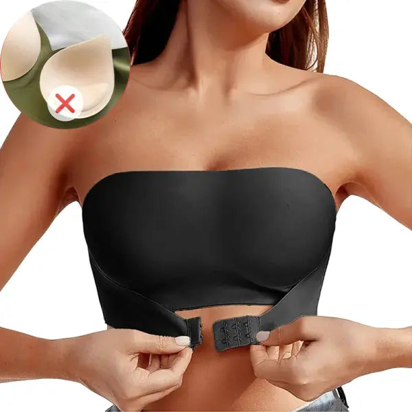 Women’s Strapless Push-Up Bra Seamless Ice Silk Invisible Top with Anti-Slip Back - Front button NO PAD / L