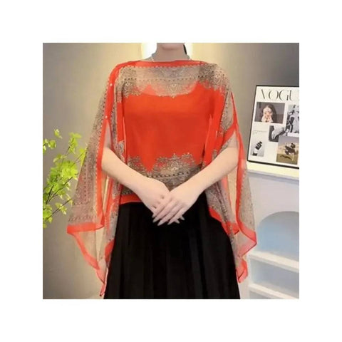 Women’s Shawl – Elegant Beaded Chiffon Shawl for Every Occasion - Red